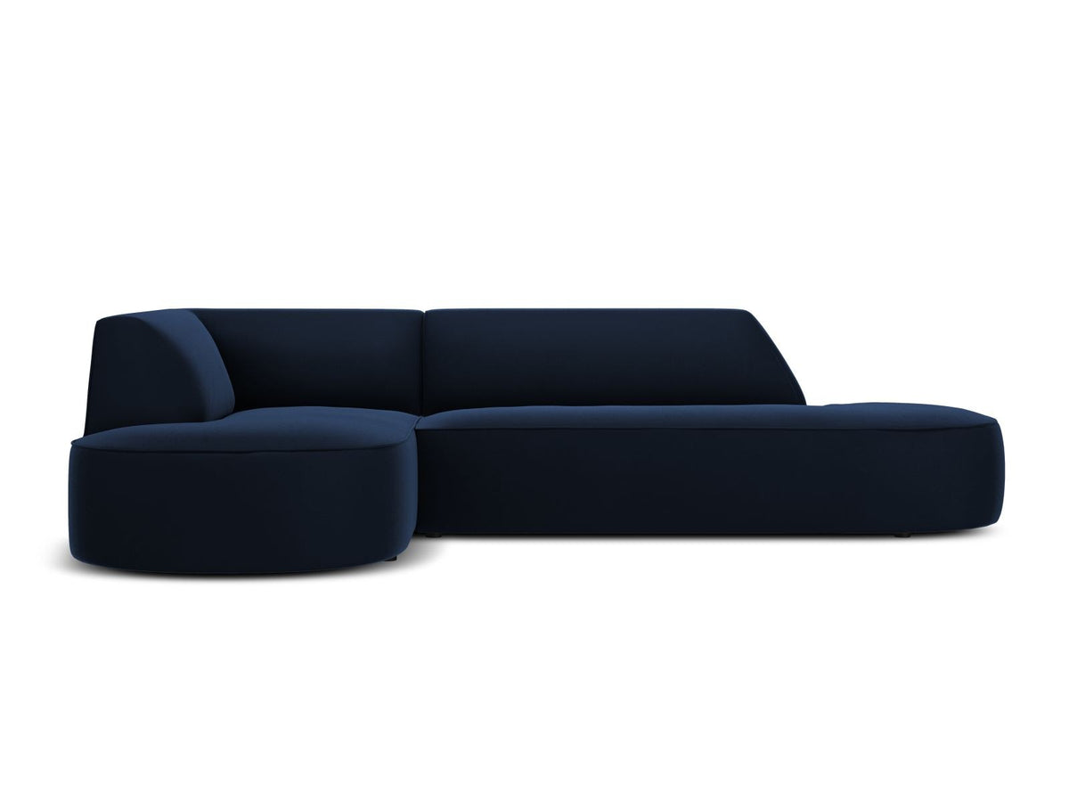 Modulares Ecksofa links in Beige-Salvador Samtstoff, schwarze Kunststoffbeine, Récamiere und gepolsterte Rückenlehne, 4-Sitzer, 180cm Breite.