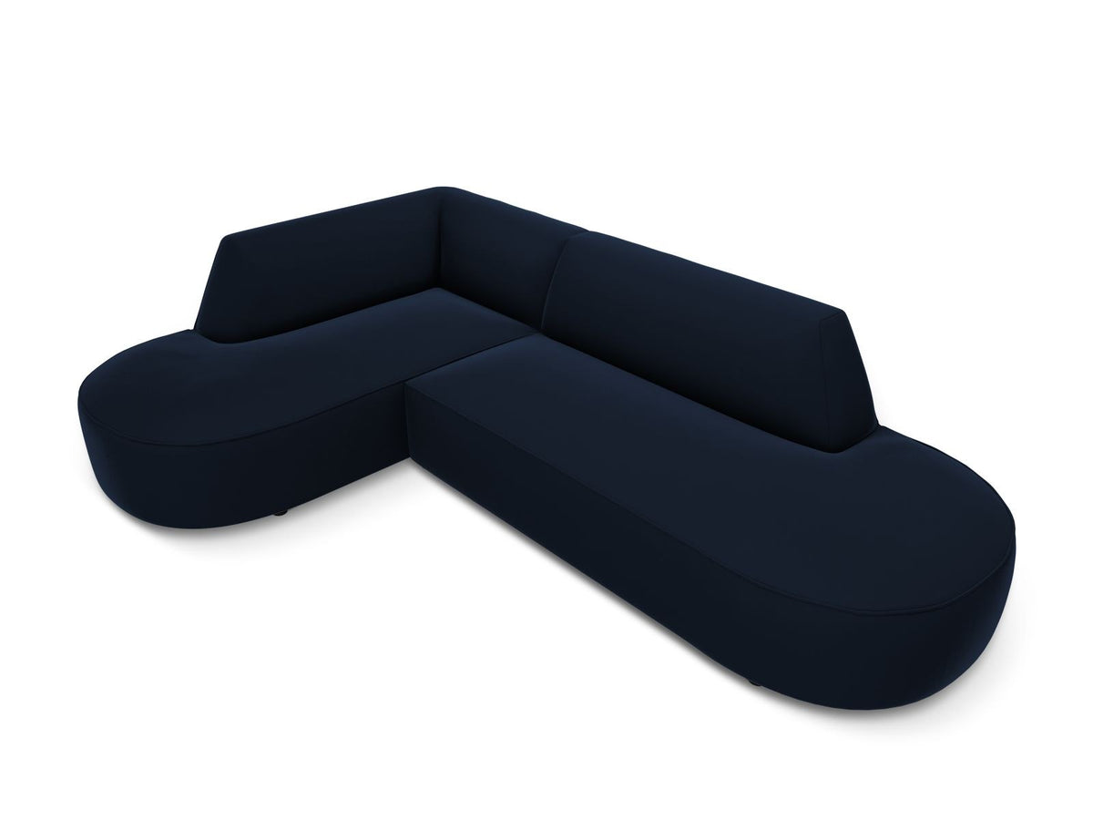 Modulares Ecksofa links in Beige-Salvador Samtstoff, schwarze Kunststoffbeine, Récamiere und gepolsterte Rückenlehne, 4-Sitzer, 180cm Breite.