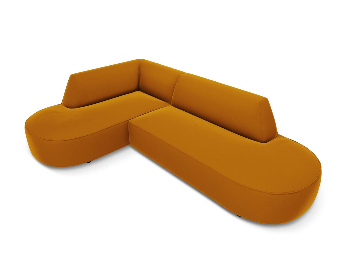 Modulares Ecksofa links in Beige-Salvador Samtstoff, schwarze Kunststoffbeine, Récamiere und gepolsterte Rückenlehne, 4-Sitzer, 180cm Breite.