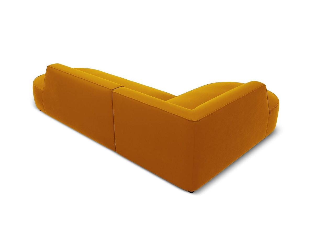 Modulares Ecksofa links in Beige-Salvador Samtstoff, schwarze Kunststoffbeine, Récamiere und gepolsterte Rückenlehne, 4-Sitzer, 180cm Breite.