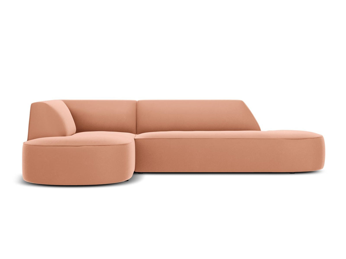 Modulares Ecksofa links in Beige-Salvador Samtstoff, schwarze Kunststoffbeine, Récamiere und gepolsterte Rückenlehne, 4-Sitzer, 180cm Breite.