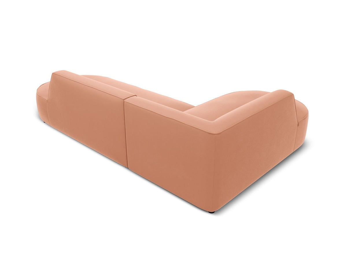 Modulares Ecksofa links in Beige-Salvador Samtstoff, schwarze Kunststoffbeine, Récamiere und gepolsterte Rückenlehne, 4-Sitzer, 180cm Breite.