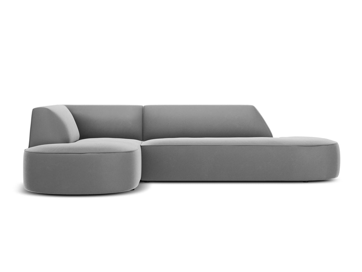 Modulares Ecksofa links in Beige-Salvador Samtstoff, schwarze Kunststoffbeine, Récamiere und gepolsterte Rückenlehne, 4-Sitzer, 180cm Breite.