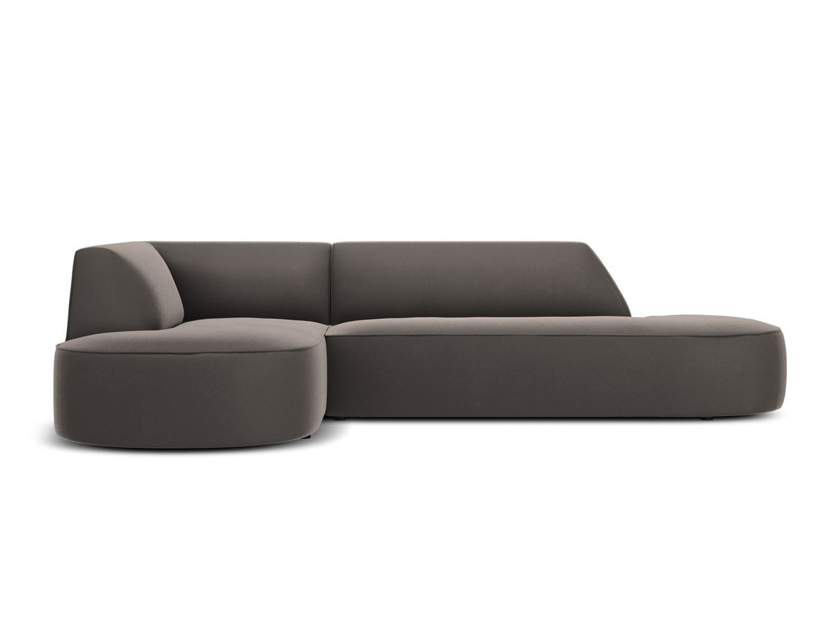 Modulares Ecksofa links in Beige-Salvador Samtstoff, schwarze Kunststoffbeine, Récamiere und gepolsterte Rückenlehne, 4-Sitzer, 180cm Breite.