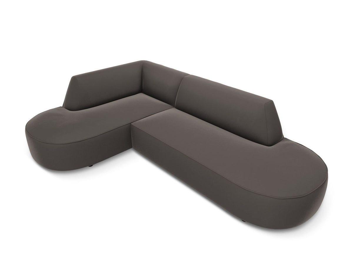 Modulares Ecksofa links in Beige-Salvador Samtstoff, schwarze Kunststoffbeine, Récamiere und gepolsterte Rückenlehne, 4-Sitzer, 180cm Breite.