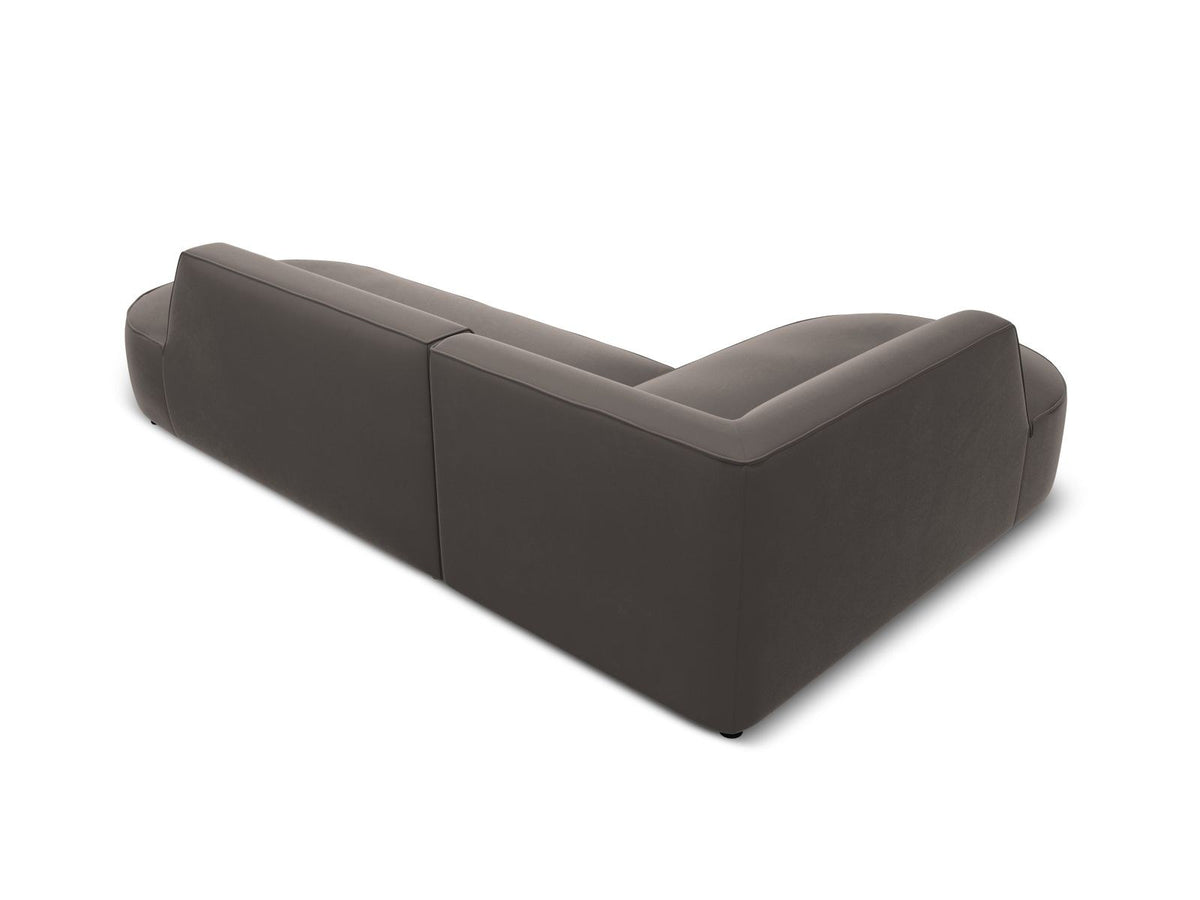 Modulares Ecksofa links in Beige-Salvador Samtstoff, schwarze Kunststoffbeine, Récamiere und gepolsterte Rückenlehne, 4-Sitzer, 180cm Breite.