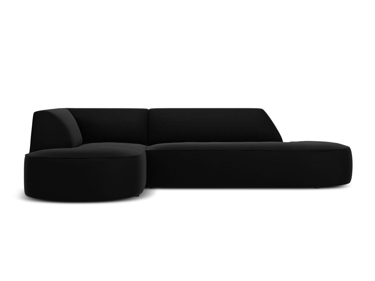 Modulares Ecksofa links in Beige-Salvador Samtstoff, schwarze Kunststoffbeine, Récamiere und gepolsterte Rückenlehne, 4-Sitzer, 180cm Breite.