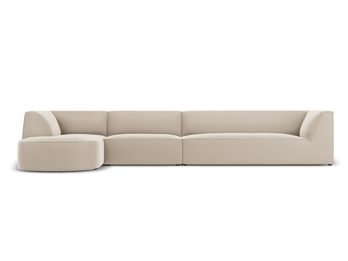 Beige-Salvador Samt Ecksofa links mit Récamiere, schwarzen Kunststoffbeinen und modularem Aufbau, Cosmopolitan Design Siena Serie.