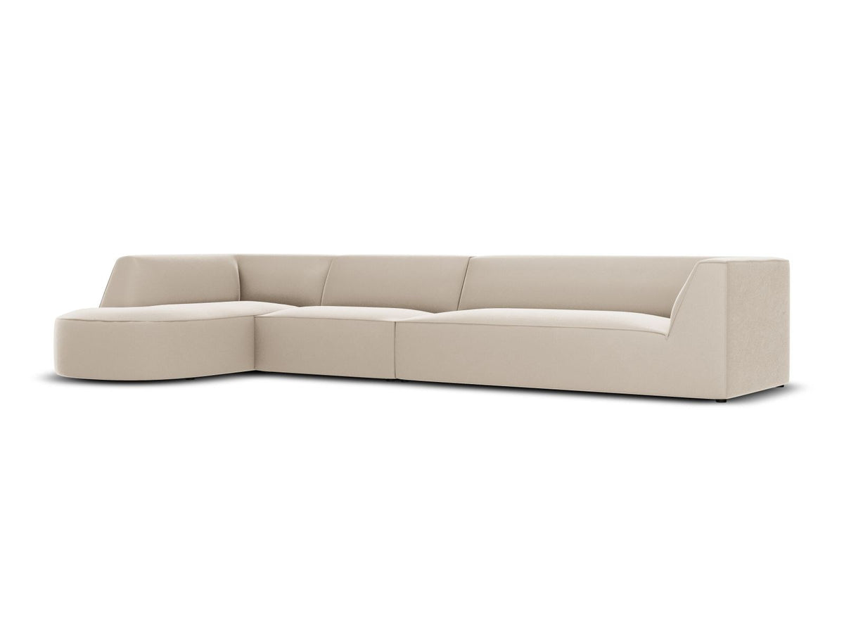 Beige-Salvador Samt Ecksofa links mit Récamiere, schwarzen Kunststoffbeinen und modularem Aufbau, Cosmopolitan Design Siena Serie.