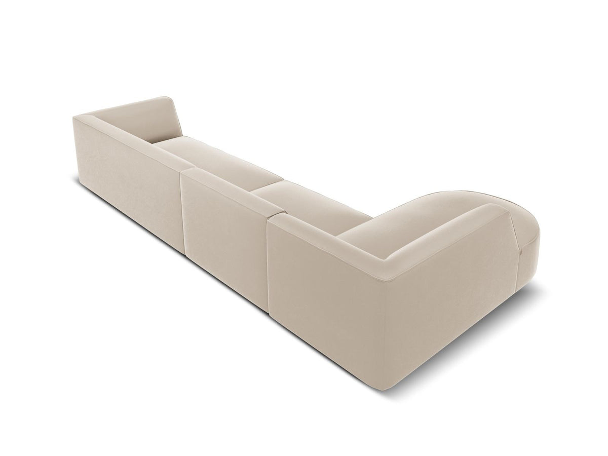 Beige-Salvador Samt Ecksofa links mit Récamiere, schwarzen Kunststoffbeinen und modularem Aufbau, Cosmopolitan Design Siena Serie.