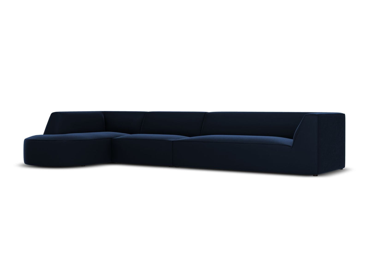 Beige-Salvador Samt Ecksofa links mit Récamiere, schwarzen Kunststoffbeinen und modularem Aufbau, Cosmopolitan Design Siena Serie.