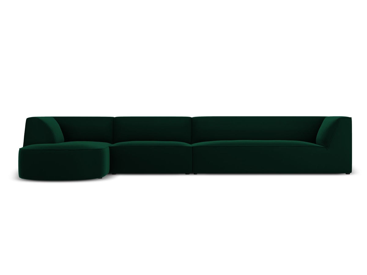 Beige-Salvador Samt Ecksofa links mit Récamiere, schwarzen Kunststoffbeinen und modularem Aufbau, Cosmopolitan Design Siena Serie.