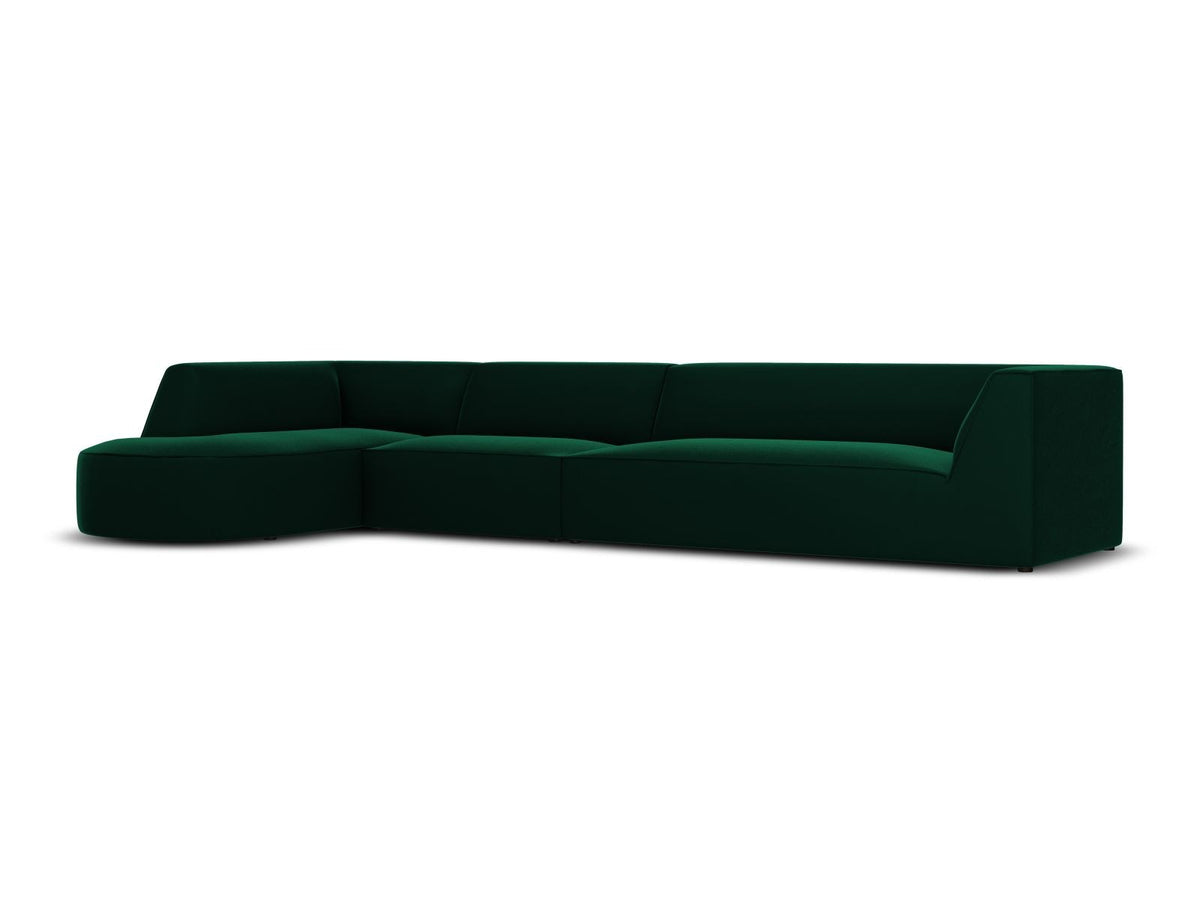 Beige-Salvador Samt Ecksofa links mit Récamiere, schwarzen Kunststoffbeinen und modularem Aufbau, Cosmopolitan Design Siena Serie.