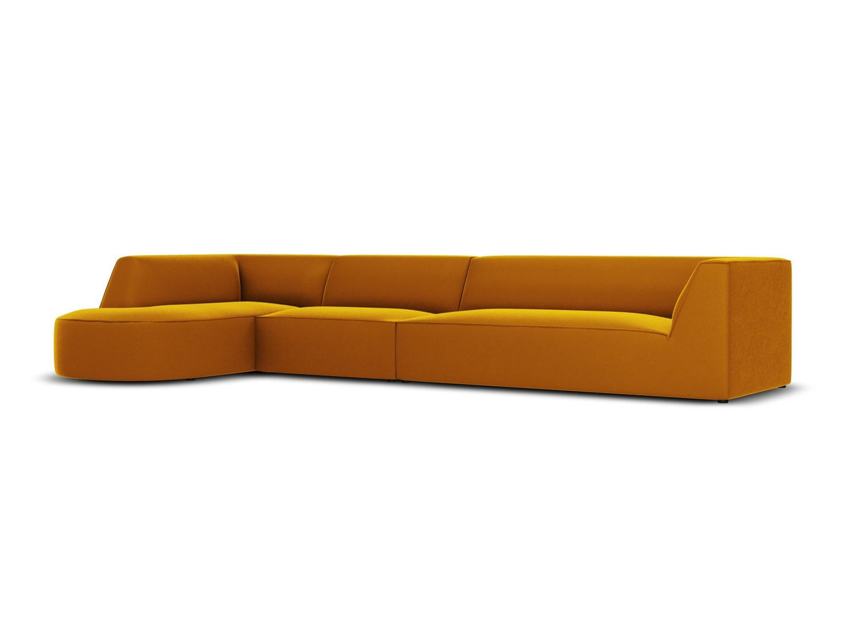 Beige-Salvador Samt Ecksofa links mit Récamiere, schwarzen Kunststoffbeinen und modularem Aufbau, Cosmopolitan Design Siena Serie.