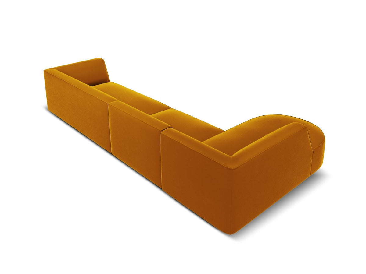 Beige-Salvador Samt Ecksofa links mit Récamiere, schwarzen Kunststoffbeinen und modularem Aufbau, Cosmopolitan Design Siena Serie.