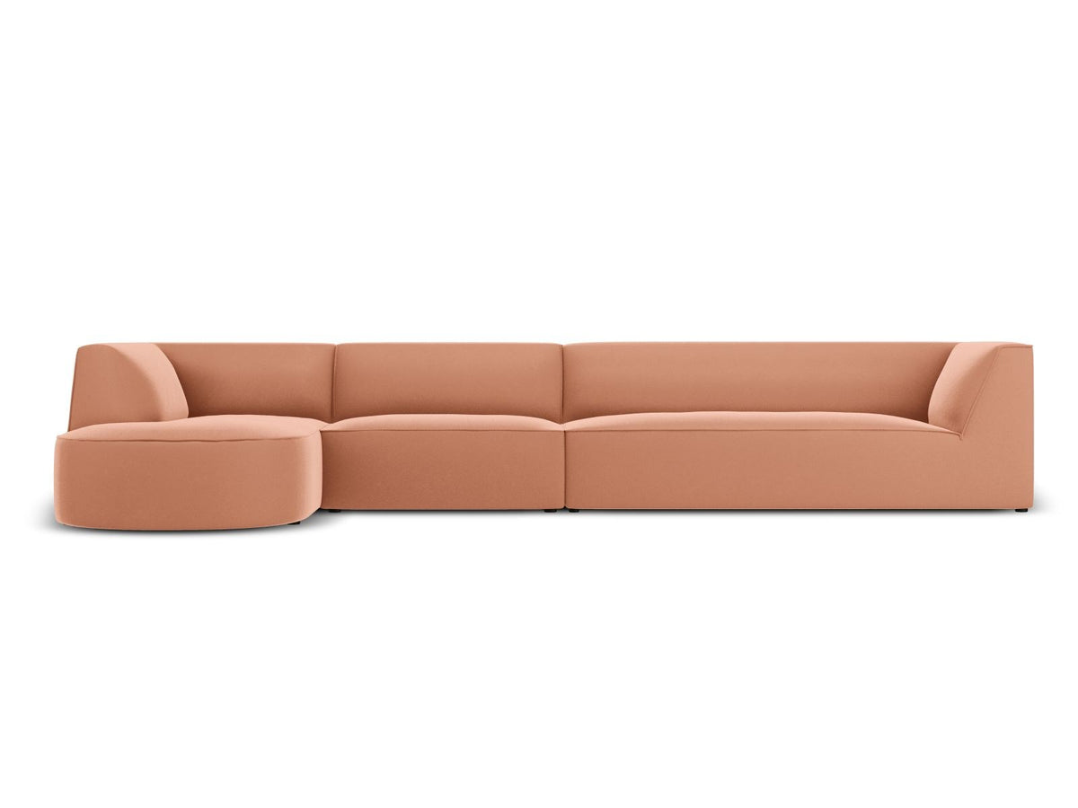 Beige-Salvador Samt Ecksofa links mit Récamiere, schwarzen Kunststoffbeinen und modularem Aufbau, Cosmopolitan Design Siena Serie.