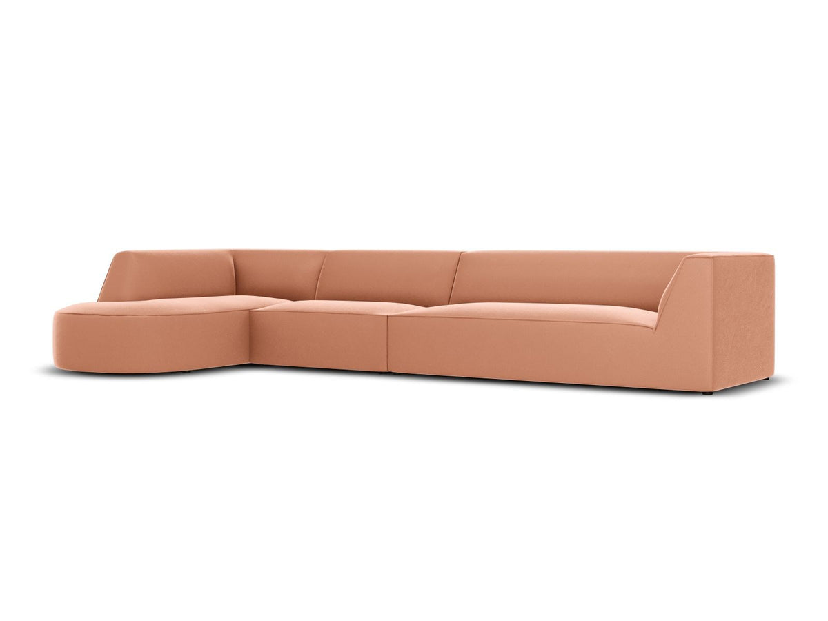 Beige-Salvador Samt Ecksofa links mit Récamiere, schwarzen Kunststoffbeinen und modularem Aufbau, Cosmopolitan Design Siena Serie.