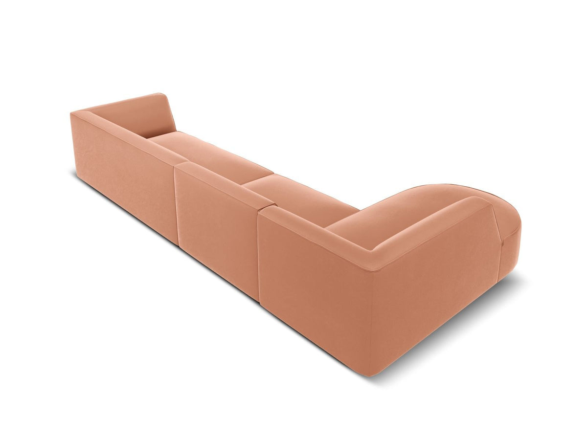 Beige-Salvador Samt Ecksofa links mit Récamiere, schwarzen Kunststoffbeinen und modularem Aufbau, Cosmopolitan Design Siena Serie.