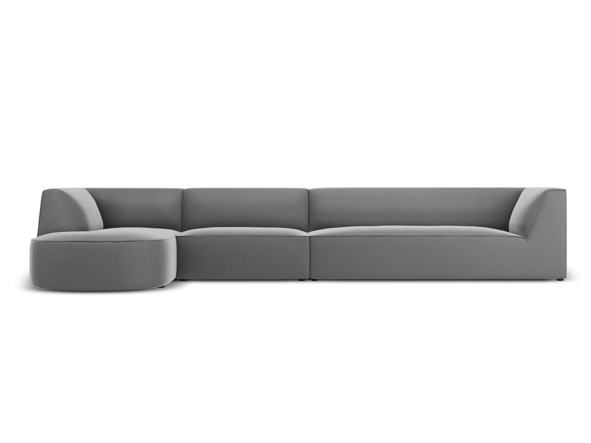 Beige-Salvador Samt Ecksofa links mit Récamiere, schwarzen Kunststoffbeinen und modularem Aufbau, Cosmopolitan Design Siena Serie.