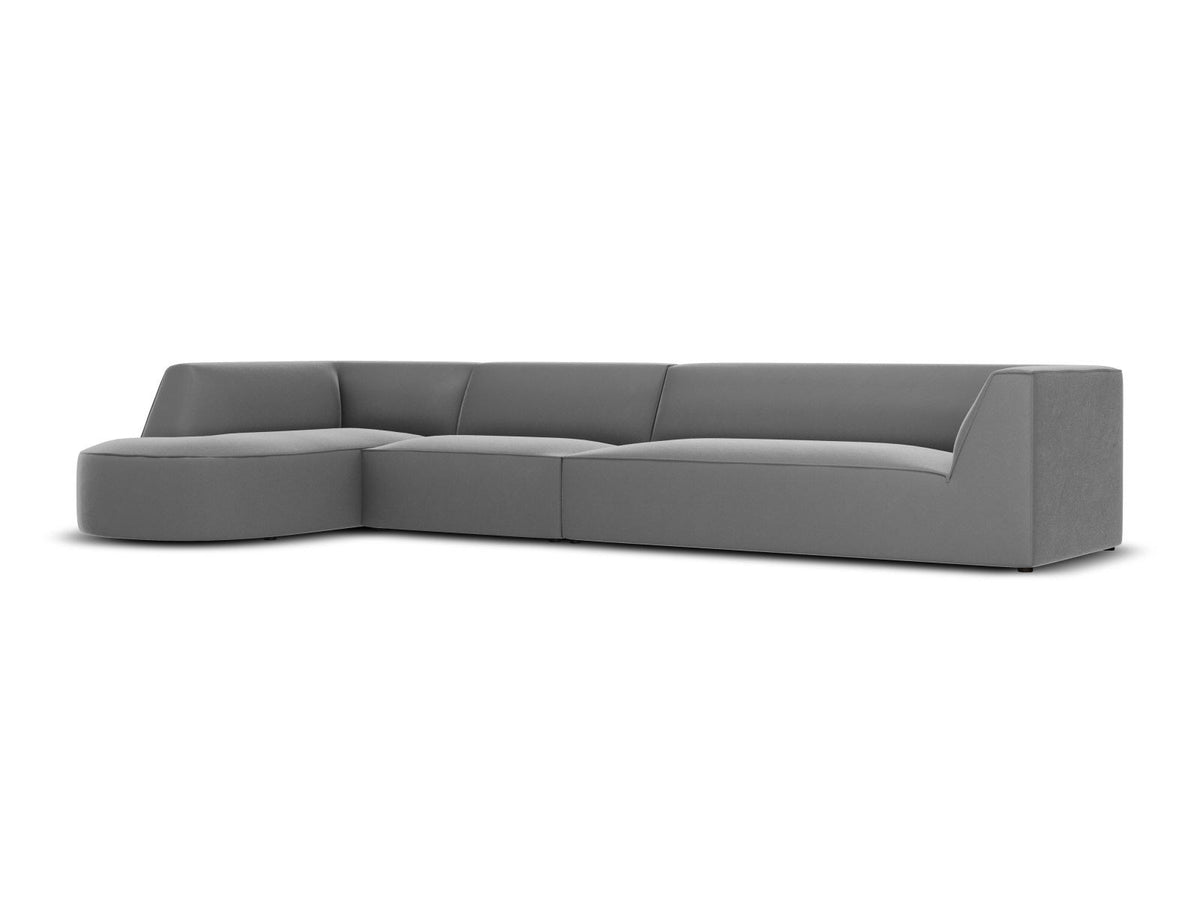 Beige-Salvador Samt Ecksofa links mit Récamiere, schwarzen Kunststoffbeinen und modularem Aufbau, Cosmopolitan Design Siena Serie.