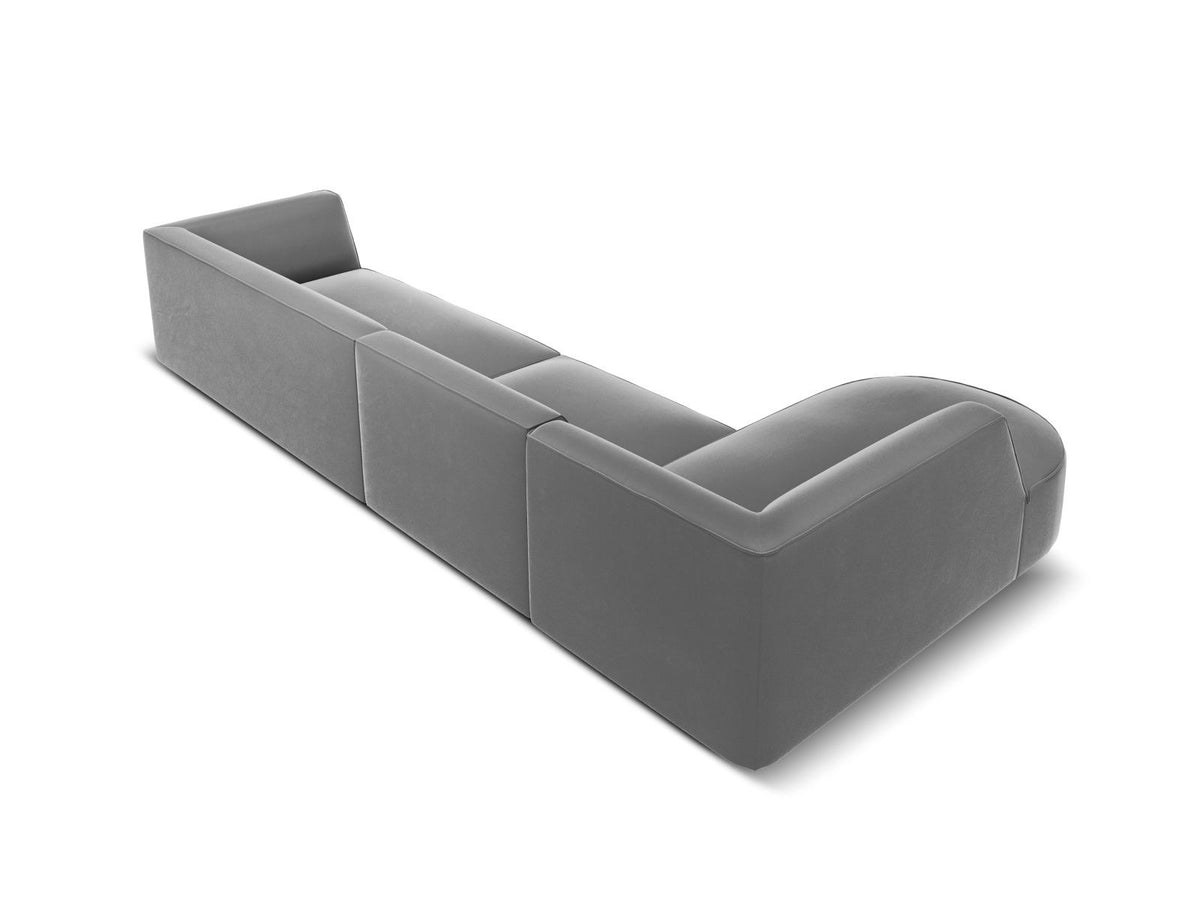 Beige-Salvador Samt Ecksofa links mit Récamiere, schwarzen Kunststoffbeinen und modularem Aufbau, Cosmopolitan Design Siena Serie.