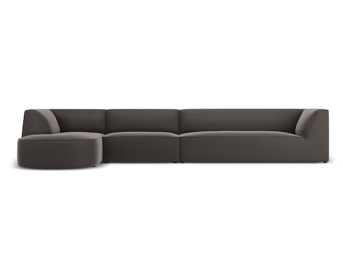 Beige-Salvador Samt Ecksofa links mit Récamiere, schwarzen Kunststoffbeinen und modularem Aufbau, Cosmopolitan Design Siena Serie.