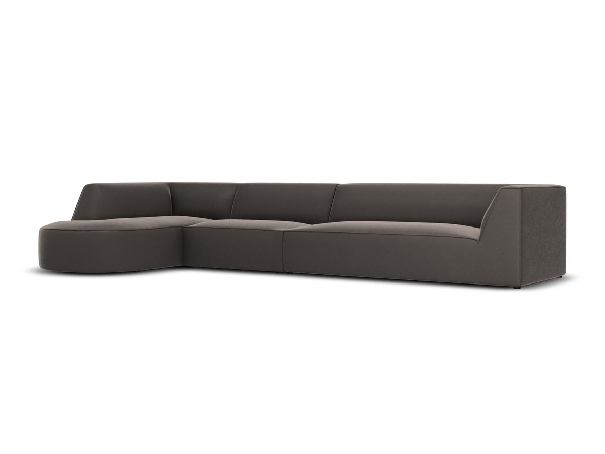 Beige-Salvador Samt Ecksofa links mit Récamiere, schwarzen Kunststoffbeinen und modularem Aufbau, Cosmopolitan Design Siena Serie.