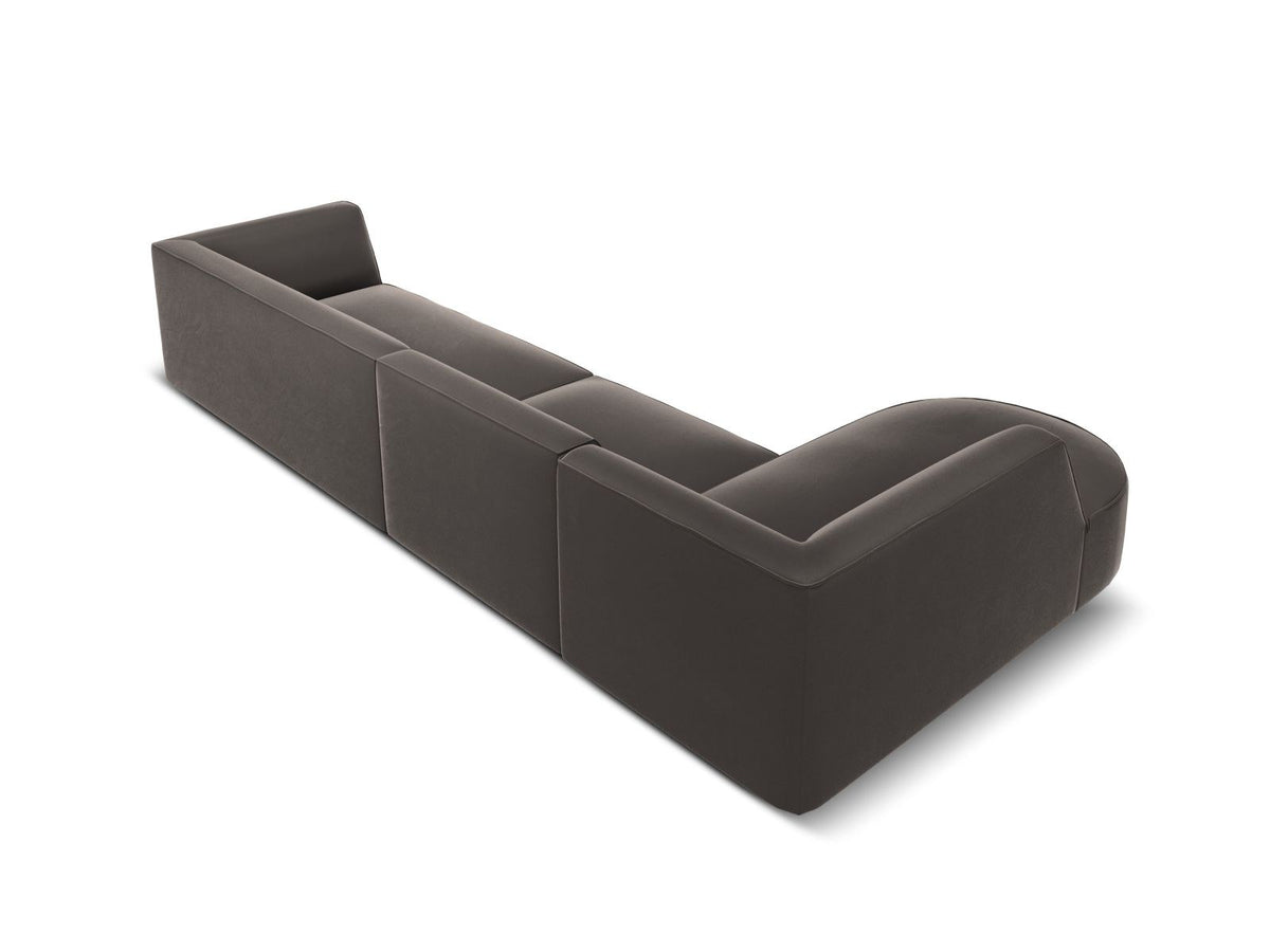 Beige-Salvador Samt Ecksofa links mit Récamiere, schwarzen Kunststoffbeinen und modularem Aufbau, Cosmopolitan Design Siena Serie.
