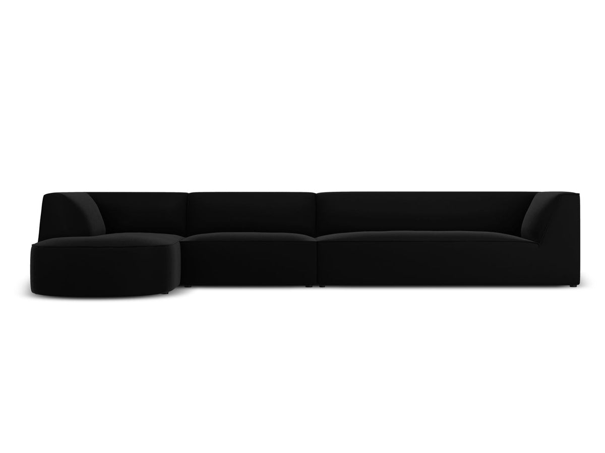 Beige-Salvador Samt Ecksofa links mit Récamiere, schwarzen Kunststoffbeinen und modularem Aufbau, Cosmopolitan Design Siena Serie.