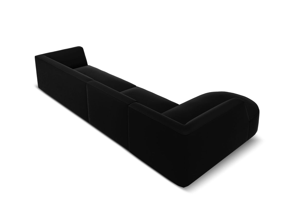 Beige-Salvador Samt Ecksofa links mit Récamiere, schwarzen Kunststoffbeinen und modularem Aufbau, Cosmopolitan Design Siena Serie.