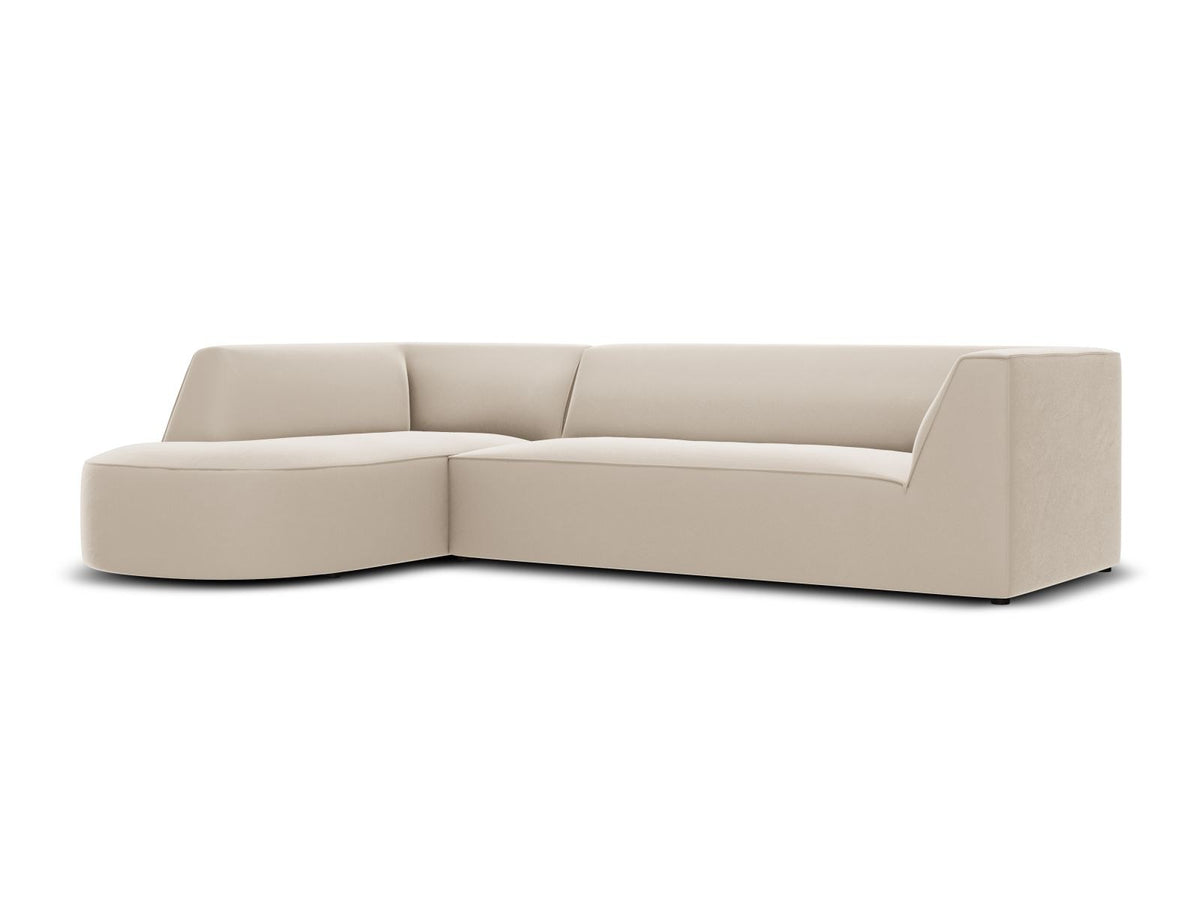 Modulares Ecksofa links in Beige-Salvador Samtstoff, schwarze Kunststoffbeine, Récamiere und gepolsterte Rückenlehne, 4-Sitzer, 180cm Breite.