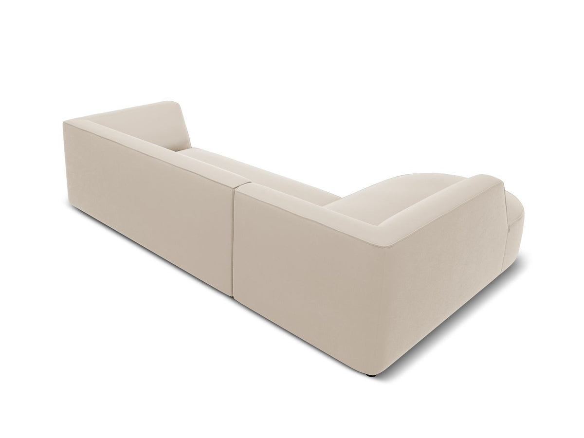Modulares Ecksofa links in Beige-Salvador Samtstoff, schwarze Kunststoffbeine, Récamiere und gepolsterte Rückenlehne, 4-Sitzer, 180cm Breite.