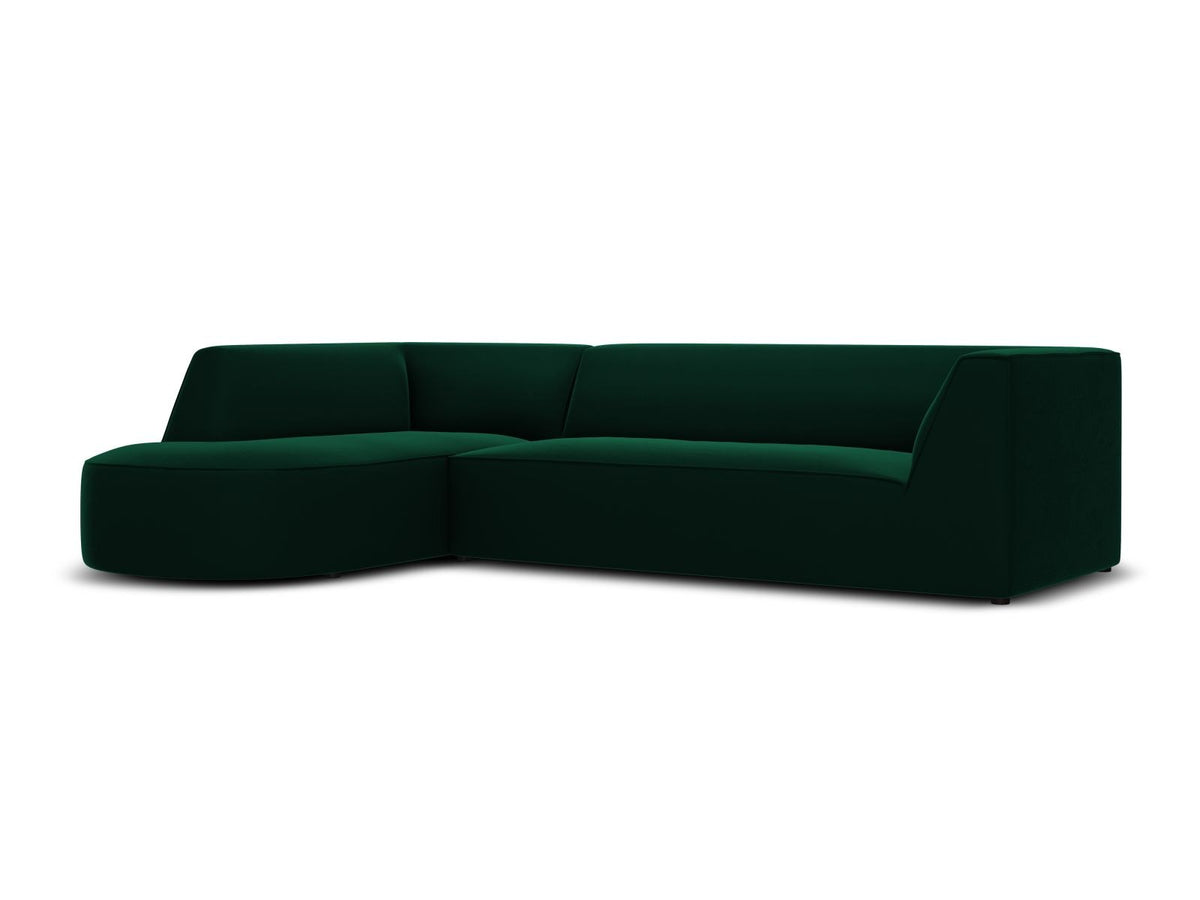 Modulares Ecksofa links in Beige-Salvador Samtstoff, schwarze Kunststoffbeine, Récamiere und gepolsterte Rückenlehne, 4-Sitzer, 180cm Breite.