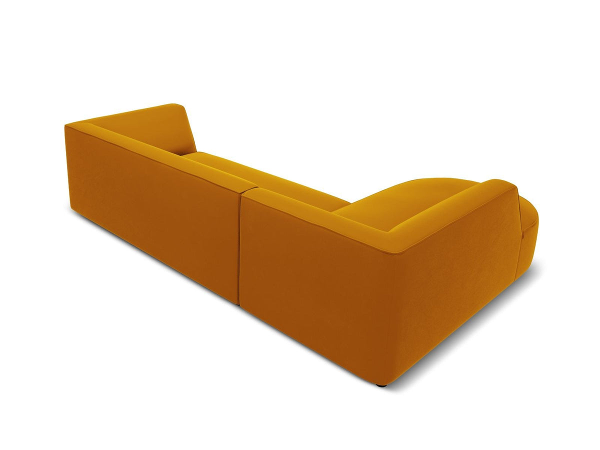 Modulares Ecksofa links in Beige-Salvador Samtstoff, schwarze Kunststoffbeine, Récamiere und gepolsterte Rückenlehne, 4-Sitzer, 180cm Breite.
