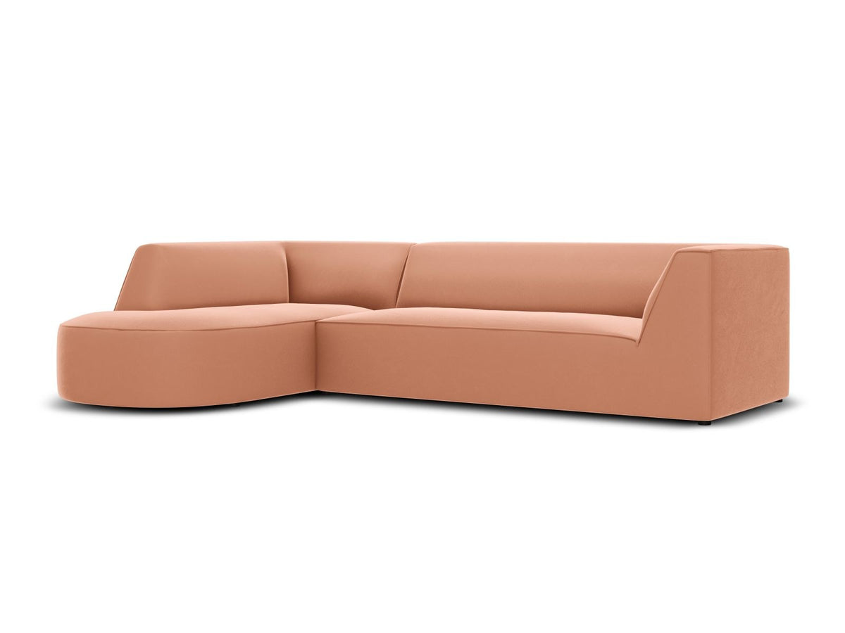 Modulares Ecksofa links in Beige-Salvador Samtstoff, schwarze Kunststoffbeine, Récamiere und gepolsterte Rückenlehne, 4-Sitzer, 180cm Breite.