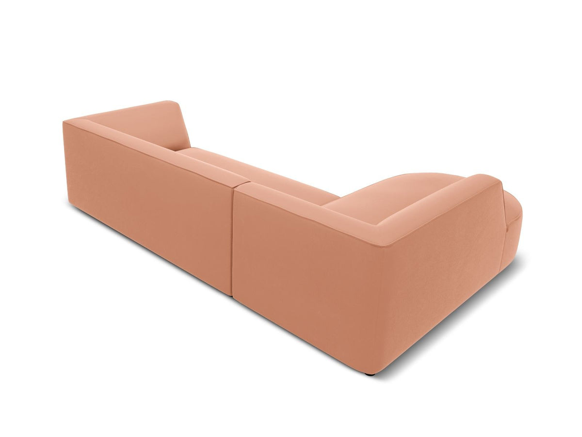 Modulares Ecksofa links in Beige-Salvador Samtstoff, schwarze Kunststoffbeine, Récamiere und gepolsterte Rückenlehne, 4-Sitzer, 180cm Breite.