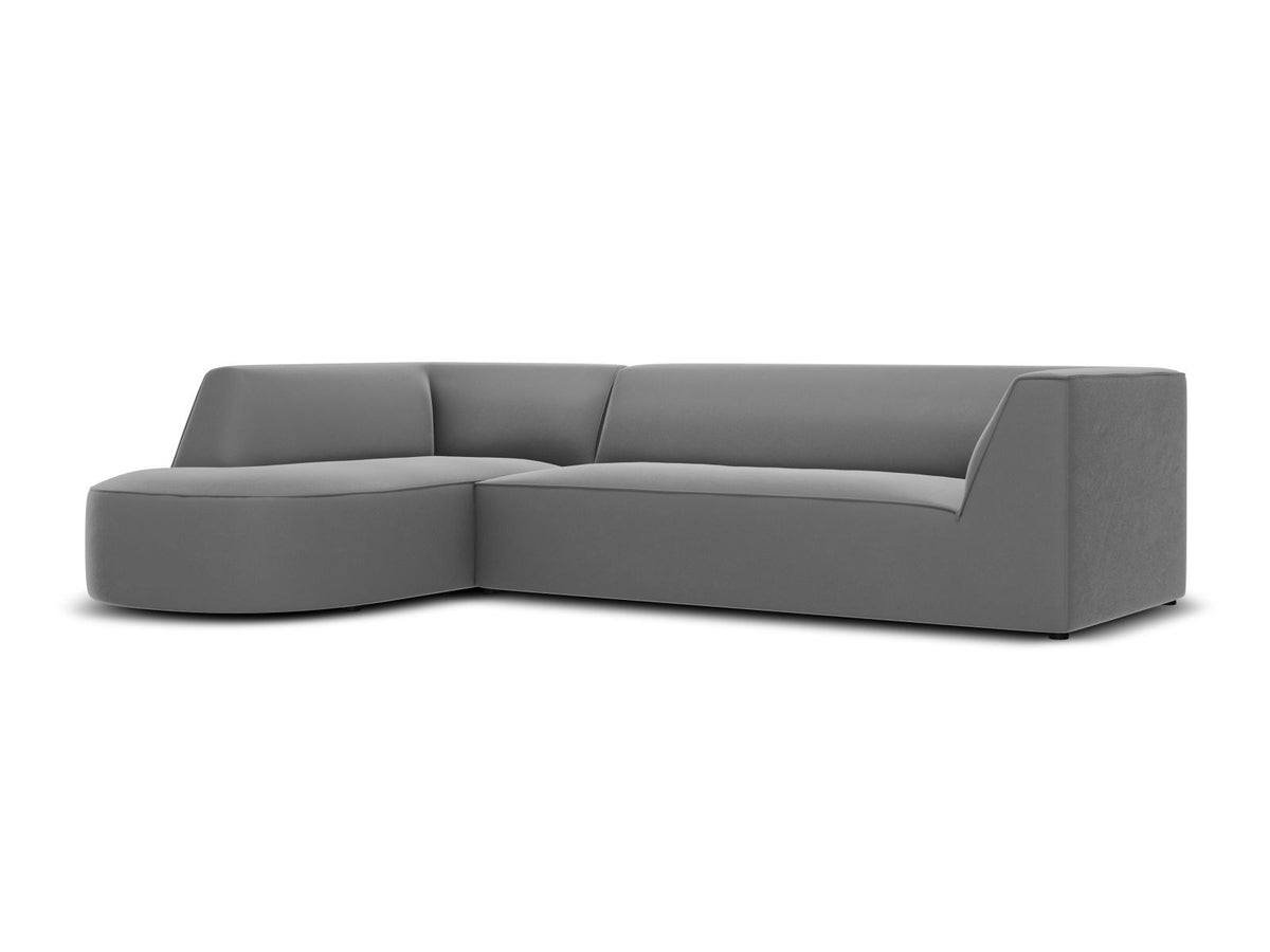 Modulares Ecksofa links in Beige-Salvador Samtstoff, schwarze Kunststoffbeine, Récamiere und gepolsterte Rückenlehne, 4-Sitzer, 180cm Breite.
