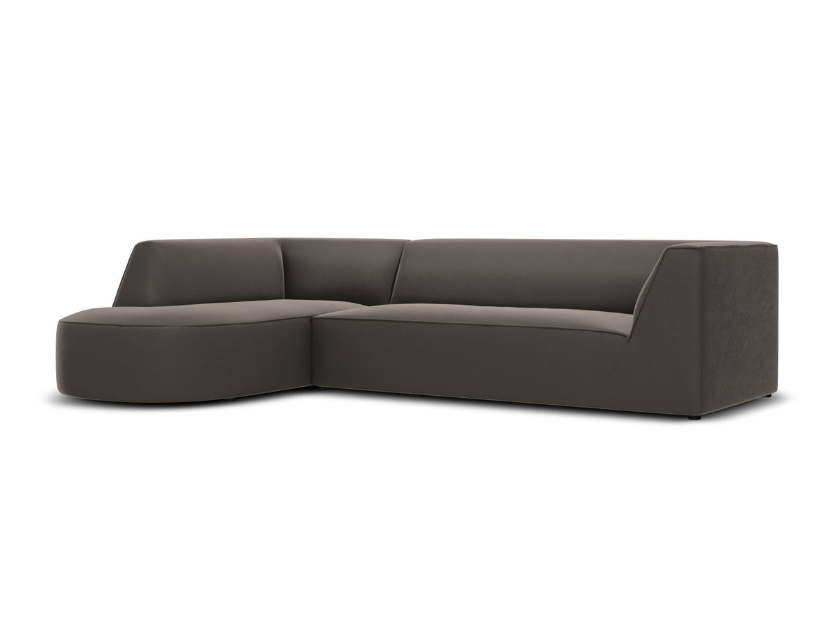 Modulares Ecksofa links in Beige-Salvador Samtstoff, schwarze Kunststoffbeine, Récamiere und gepolsterte Rückenlehne, 4-Sitzer, 180cm Breite.