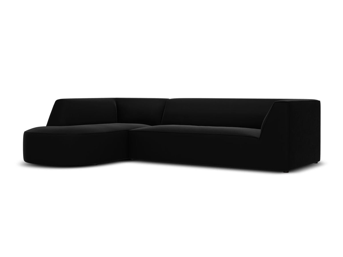 Modulares Ecksofa links in Beige-Salvador Samtstoff, schwarze Kunststoffbeine, Récamiere und gepolsterte Rückenlehne, 4-Sitzer, 180cm Breite.