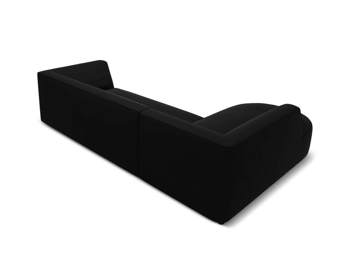 Modulares Ecksofa links in Beige-Salvador Samtstoff, schwarze Kunststoffbeine, Récamiere und gepolsterte Rückenlehne, 4-Sitzer, 180cm Breite.