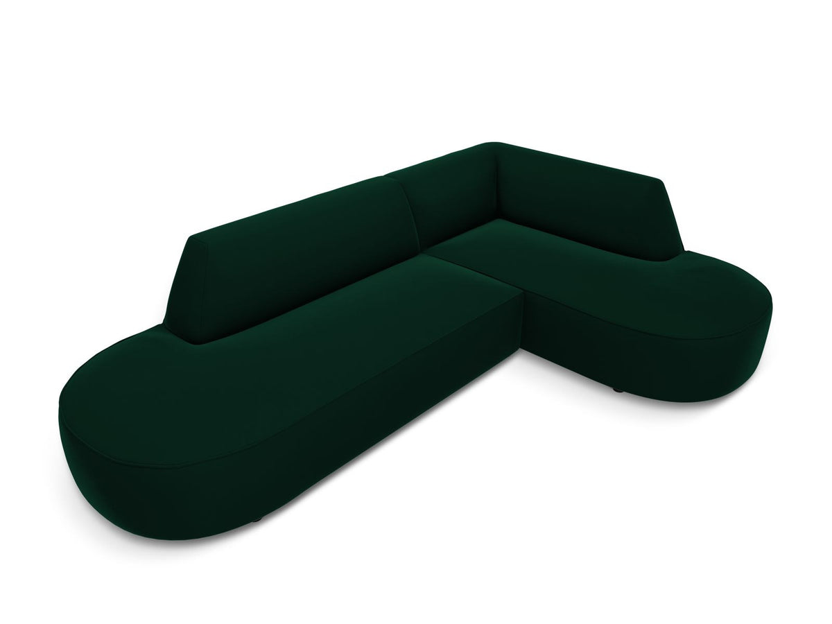 Modulares Ecksofa rechts Siena in Beige-Salvador Samtstoff mit schwarzen Kunststoffbeinen, Récamiere und Massivholzrahmen, 4-Sitzer, 180 cm.