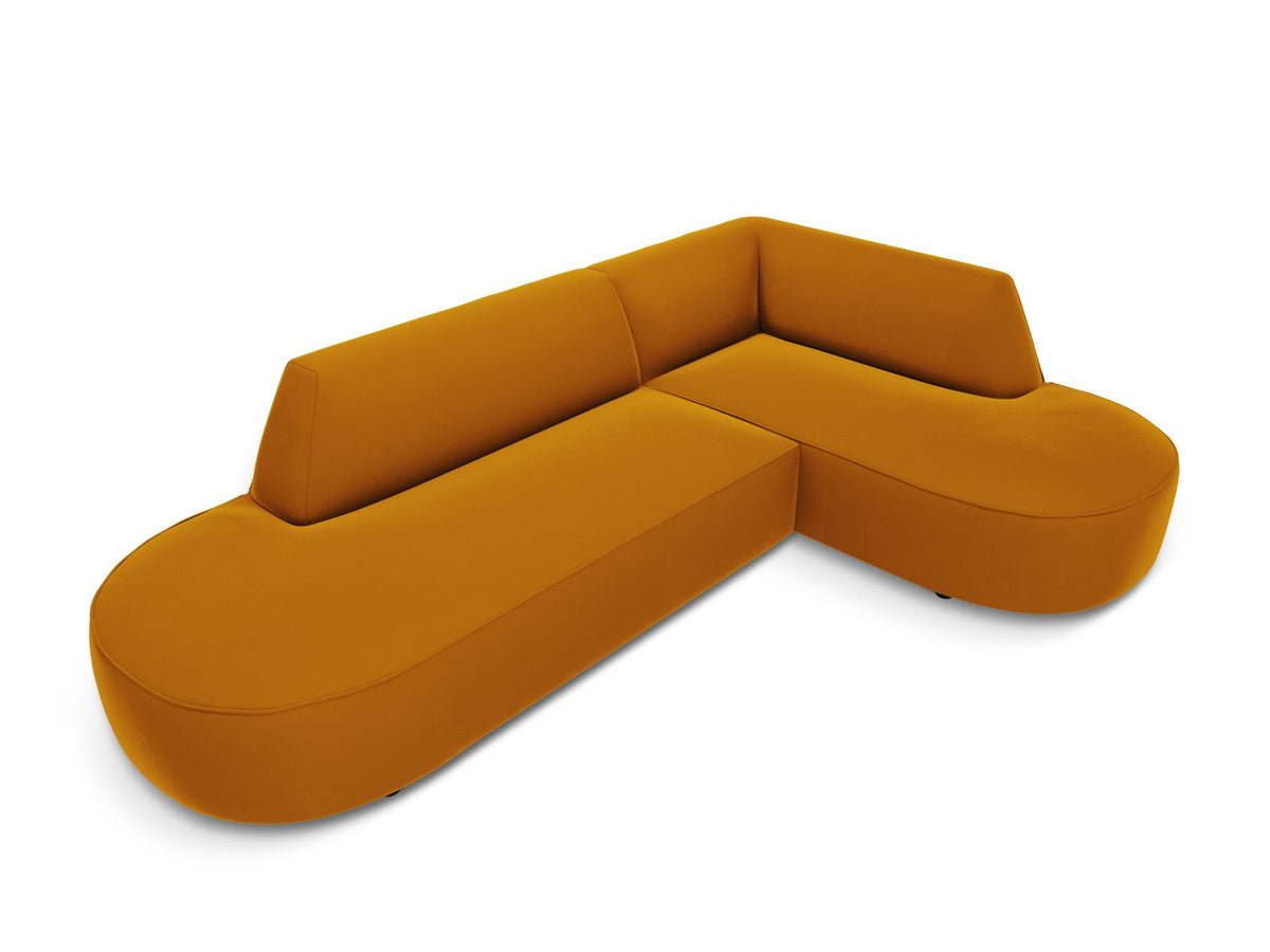 Modulares Ecksofa rechts Siena in Beige-Salvador Samtstoff mit schwarzen Kunststoffbeinen, Récamiere und Massivholzrahmen, 4-Sitzer, 180 cm.