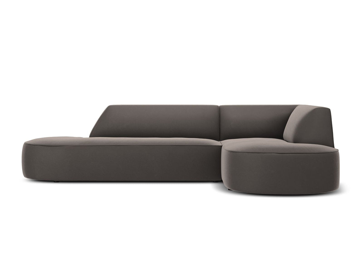 Modulares Ecksofa rechts Siena in Beige-Salvador Samtstoff mit schwarzen Kunststoffbeinen, Récamiere und Massivholzrahmen, 4-Sitzer, 180 cm.