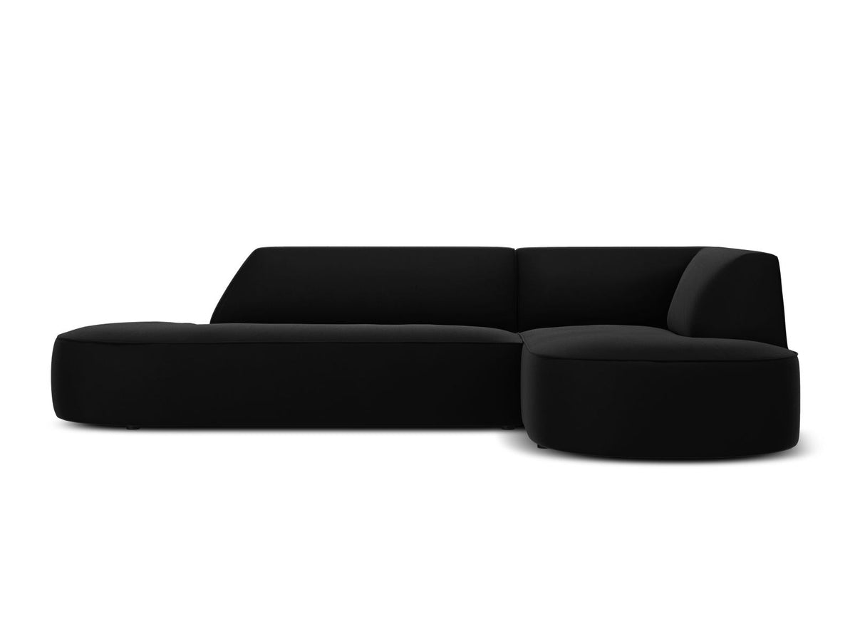 Modulares Ecksofa rechts Siena in Beige-Salvador Samtstoff mit schwarzen Kunststoffbeinen, Récamiere und Massivholzrahmen, 4-Sitzer, 180 cm.