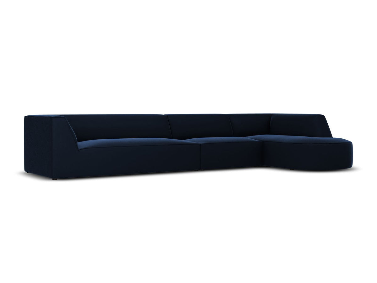 Modulares Ecksofa rechts mit Samtbezug in Beige-Salvador, Récamiere, Massivholzrahmen und schwarzen Kunststoffbeinen, 5-Sitzer Ausführung.