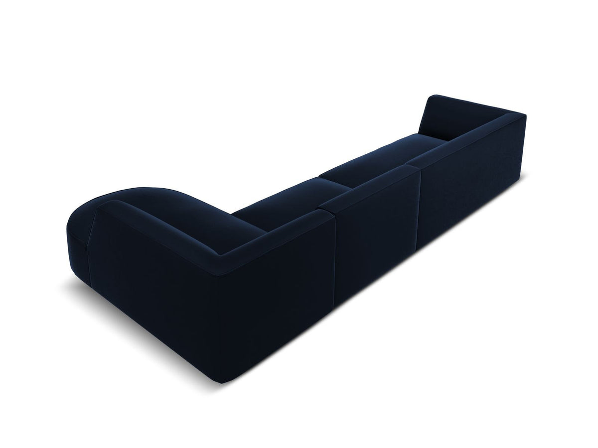 Modulares Ecksofa rechts mit Samtbezug in Beige-Salvador, Récamiere, Massivholzrahmen und schwarzen Kunststoffbeinen, 5-Sitzer Ausführung.