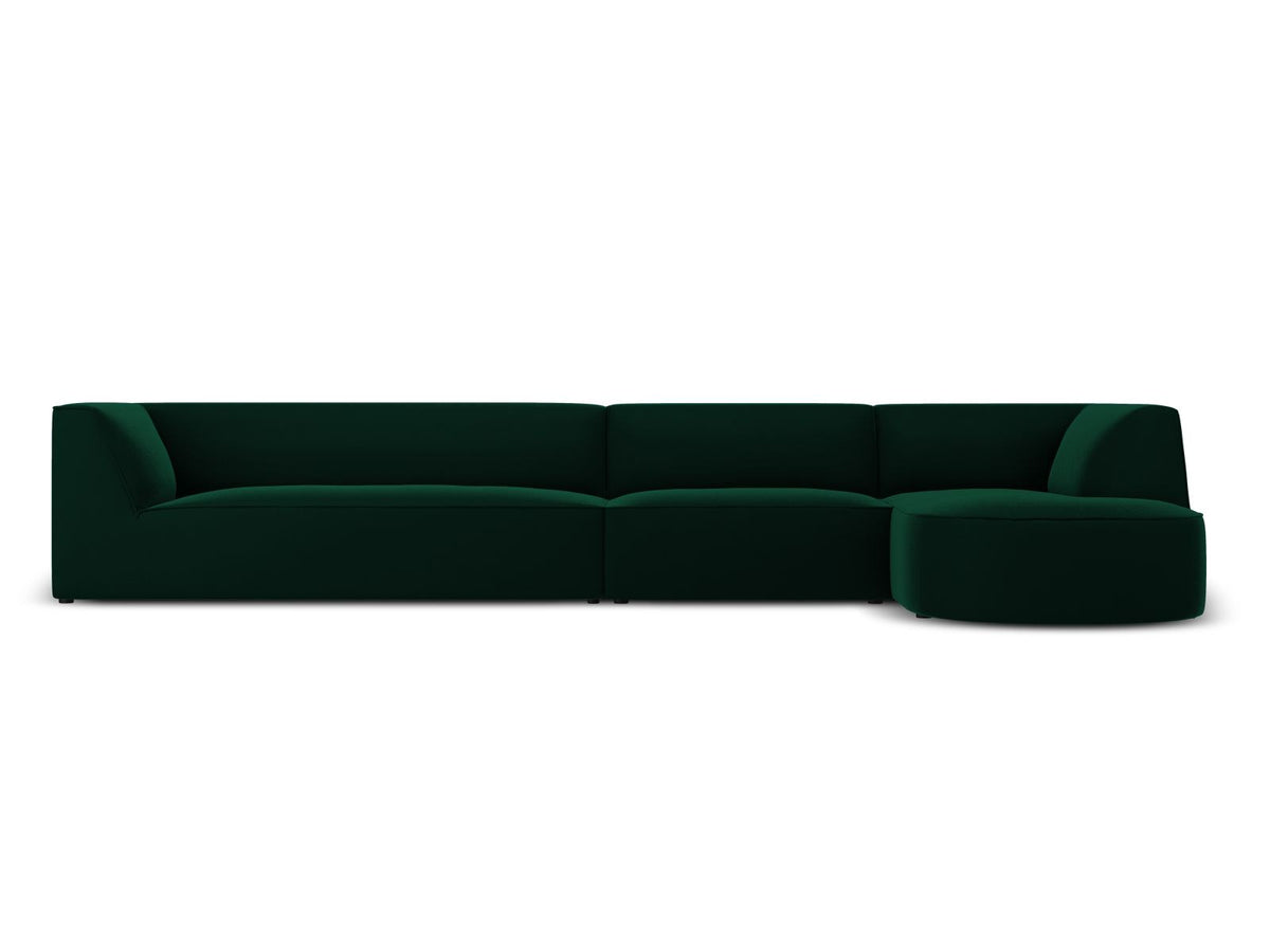 Modulares Ecksofa rechts mit Samtbezug in Beige-Salvador, Récamiere, Massivholzrahmen und schwarzen Kunststoffbeinen, 5-Sitzer Ausführung.
