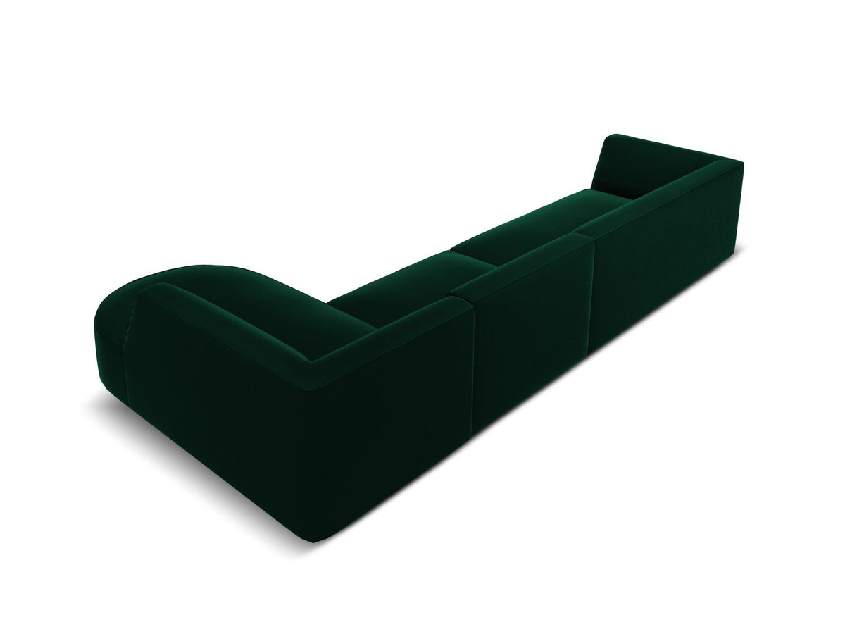 Modulares Ecksofa rechts mit Samtbezug in Beige-Salvador, Récamiere, Massivholzrahmen und schwarzen Kunststoffbeinen, 5-Sitzer Ausführung.