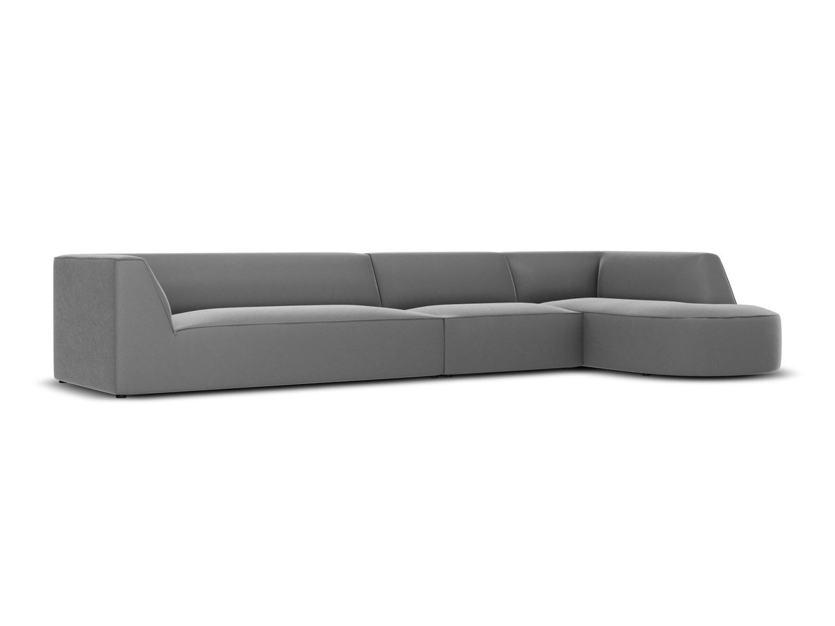 Modulares Ecksofa rechts mit Samtbezug in Beige-Salvador, Récamiere, Massivholzrahmen und schwarzen Kunststoffbeinen, 5-Sitzer Ausführung.