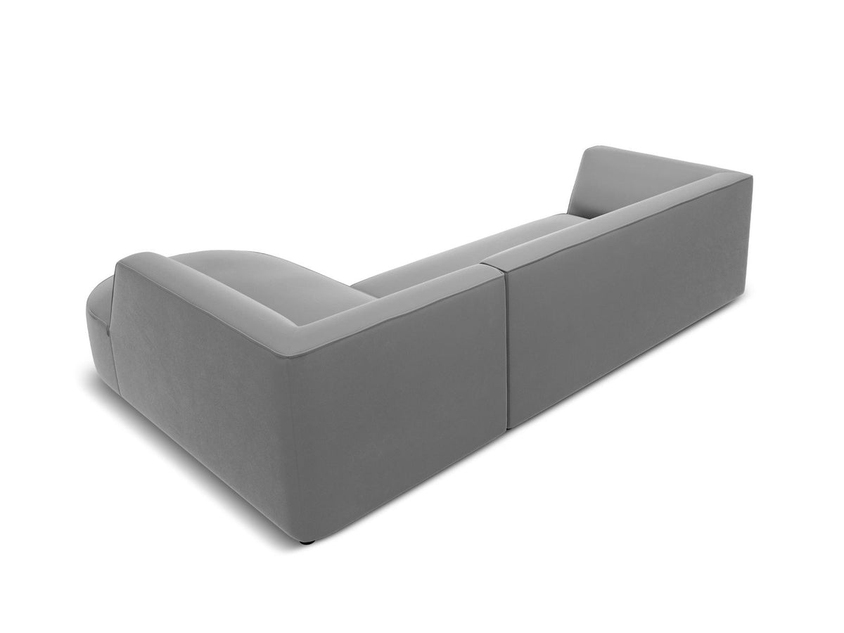 Modulares Ecksofa rechts Siena in Beige-Salvador Samtstoff mit schwarzen Kunststoffbeinen, Récamiere und Massivholzrahmen, 4-Sitzer, 180 cm.